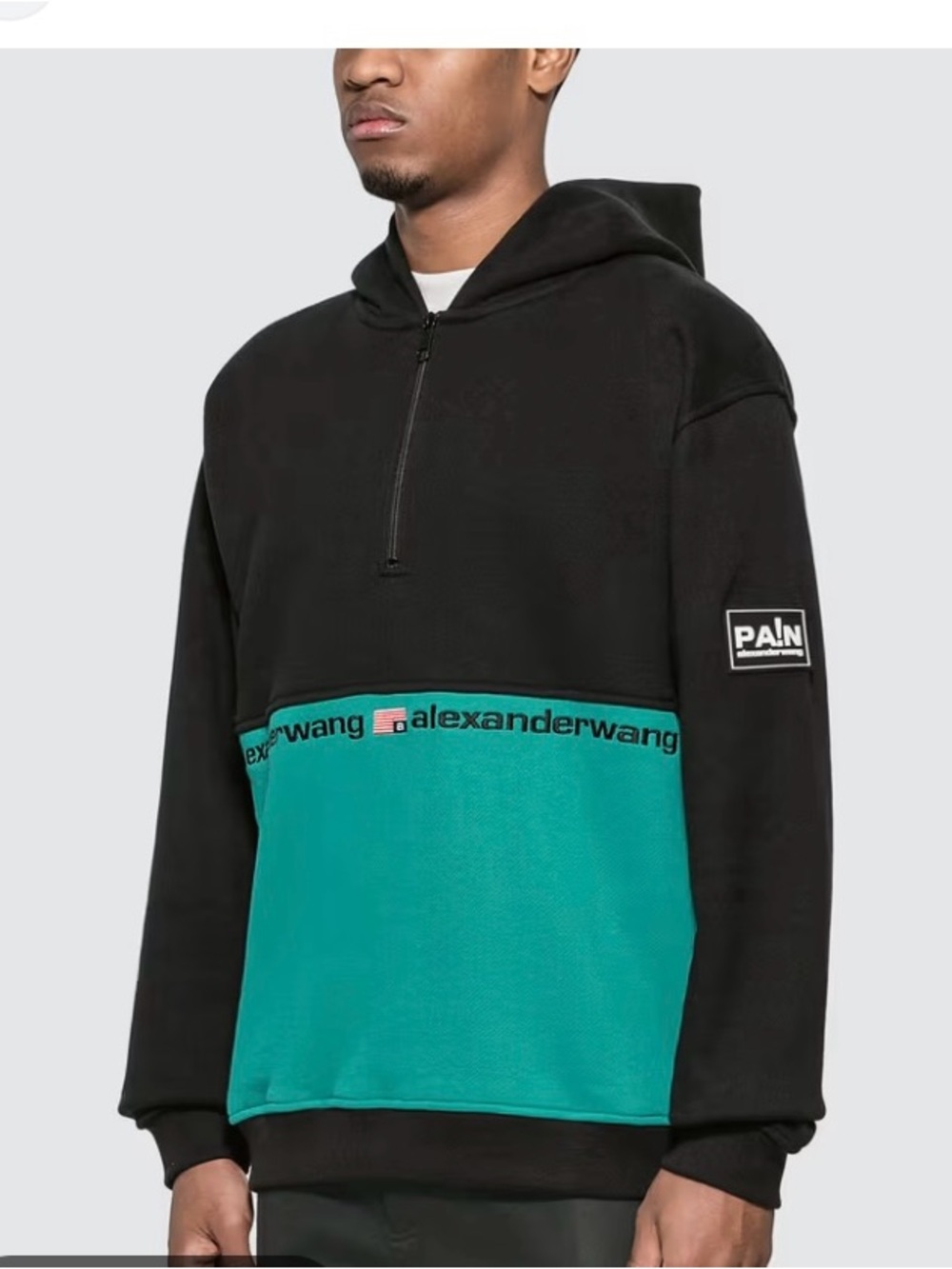 Alexander Wang Men’s Black and Teal Half‑Zip Hooded Sweatshirt
